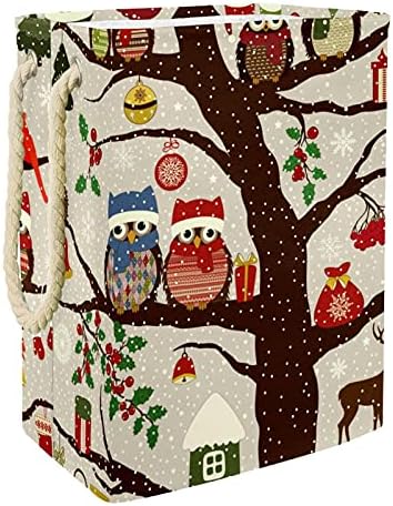 MAPOLO לסל הכביסה חורף חג המולד כובע ינשוף ציפור על עץ מתקפל פשתן כביסה סל אחסון ידיות מתפרקות עמיד למים בגדים צעצועים