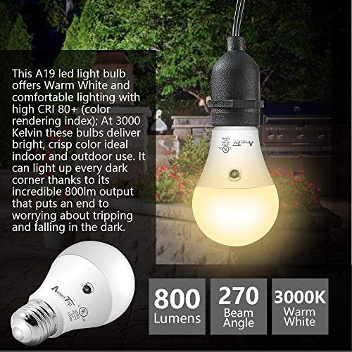 החשכה עד עלות השחר אור הנורה - 2 Pack, AmeriTop A19 LED חיישן נורות; UL, אוטומטי/כיבוי, 800 לומן, 10W(60 ואט שווה ערך),